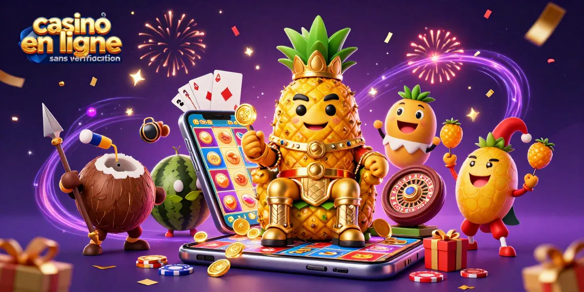 Jouez dans un casino en ligne sans vérification avec une ambiance festive et dynamique, mettant en avant le roi ananas.