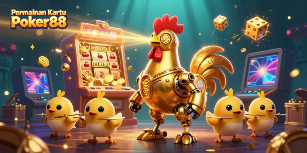 Experience exciting Permainan Kartu Poker88 in an ultra-detailed casino illustration featuring vibrant game elements.
