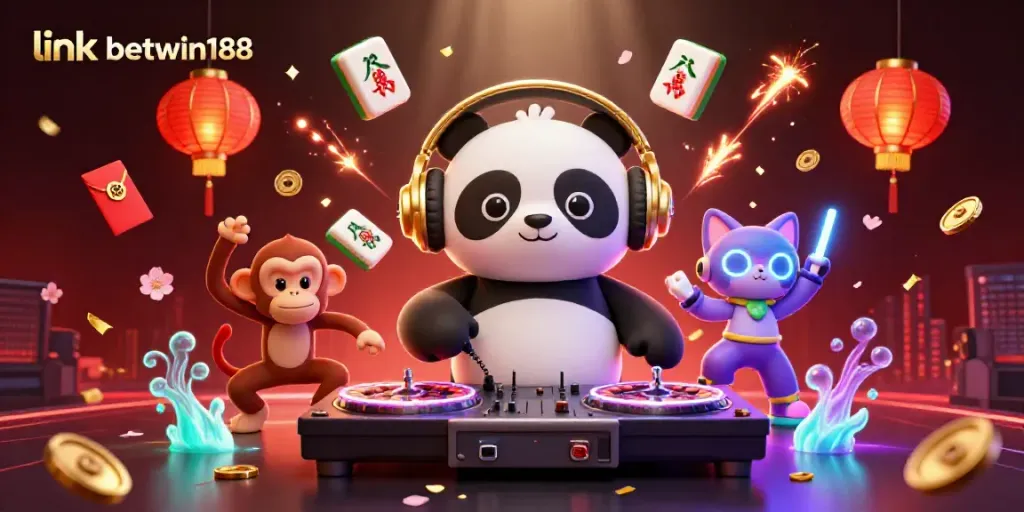 Temukan akses link betwin188 yang menarik dengan 3D DJ panda, kucing glow-stick, dan monyet menari.