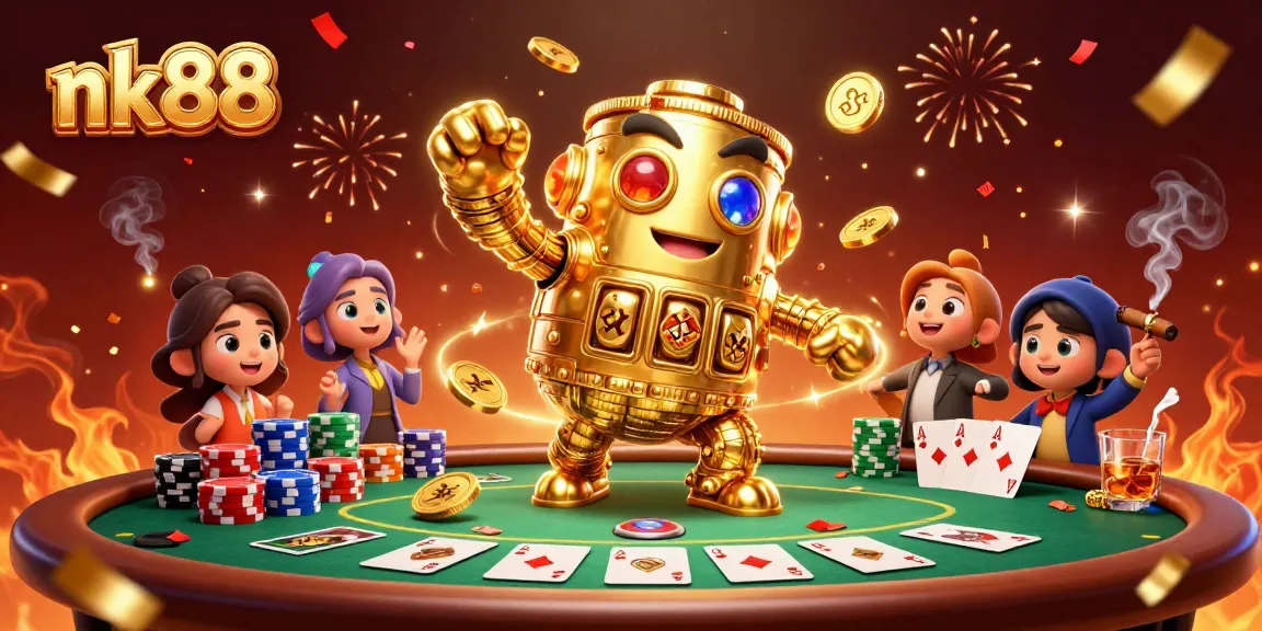 Win big at nk88 with a captivating scene of a golden golem surrounded by poker elements and celebratory visuals.