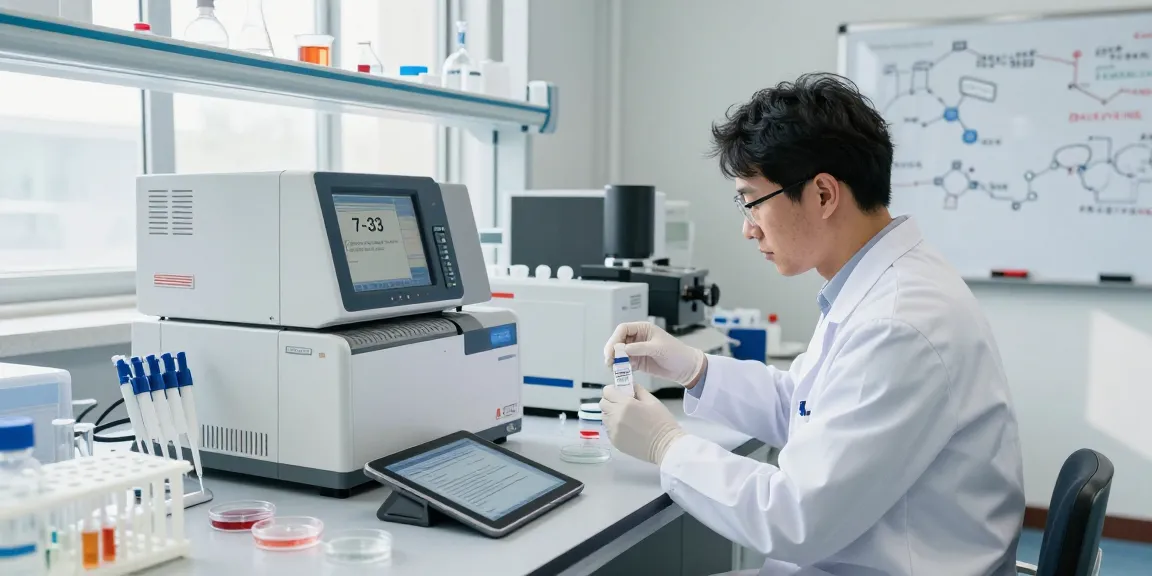 Researcher analyzing b7-33 for sale peptides in a modern lab setting with advanced equipment.