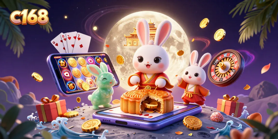 Experience the thrill of c168 casino with vibrant gaming elements amidst a magical moonlit backdrop.