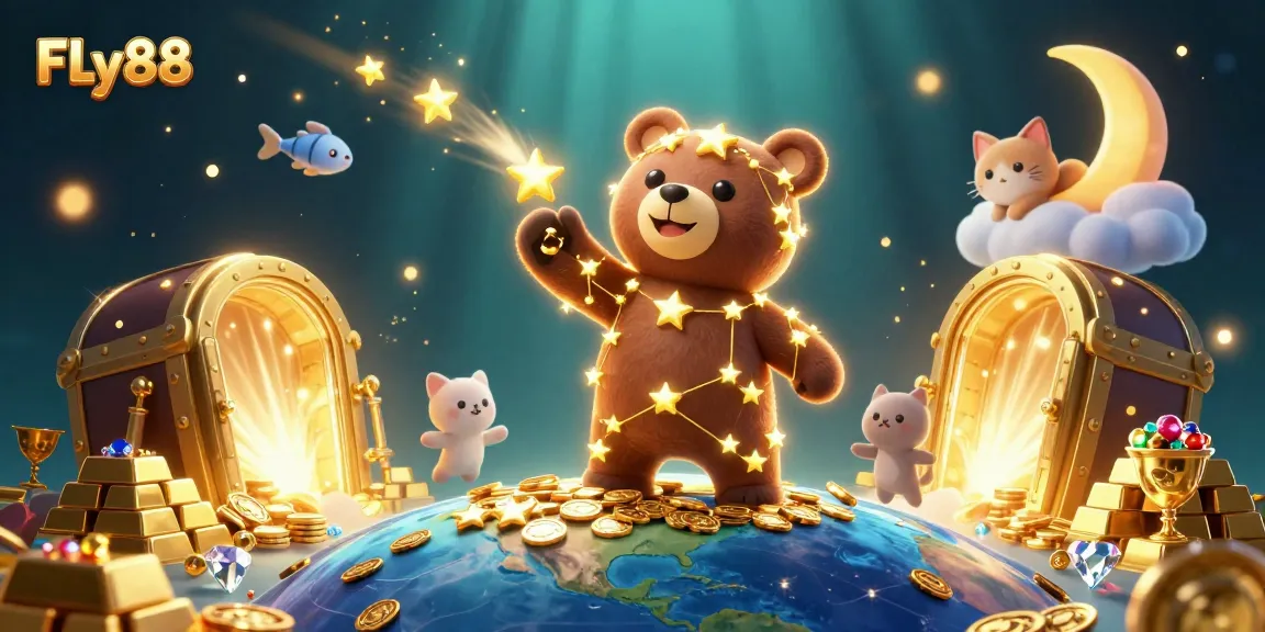 Watch FLy88 players scoop casino chips amidst a magical starry scene filled with treasures