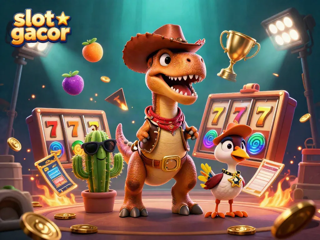 Experience thrilling jackpots with slot gacor gameplay illustrated by animated characters and vibrant gambling elements.