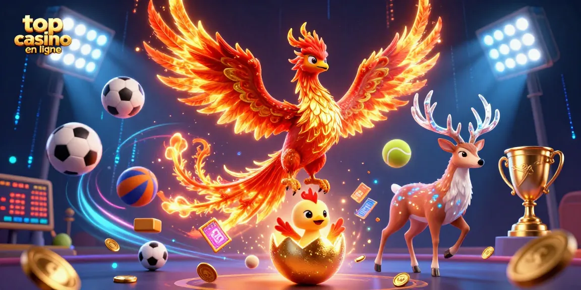 Découvrez le top casino en ligne avec cette illustration dynamique de phoenix et éléments de jeu excitants.