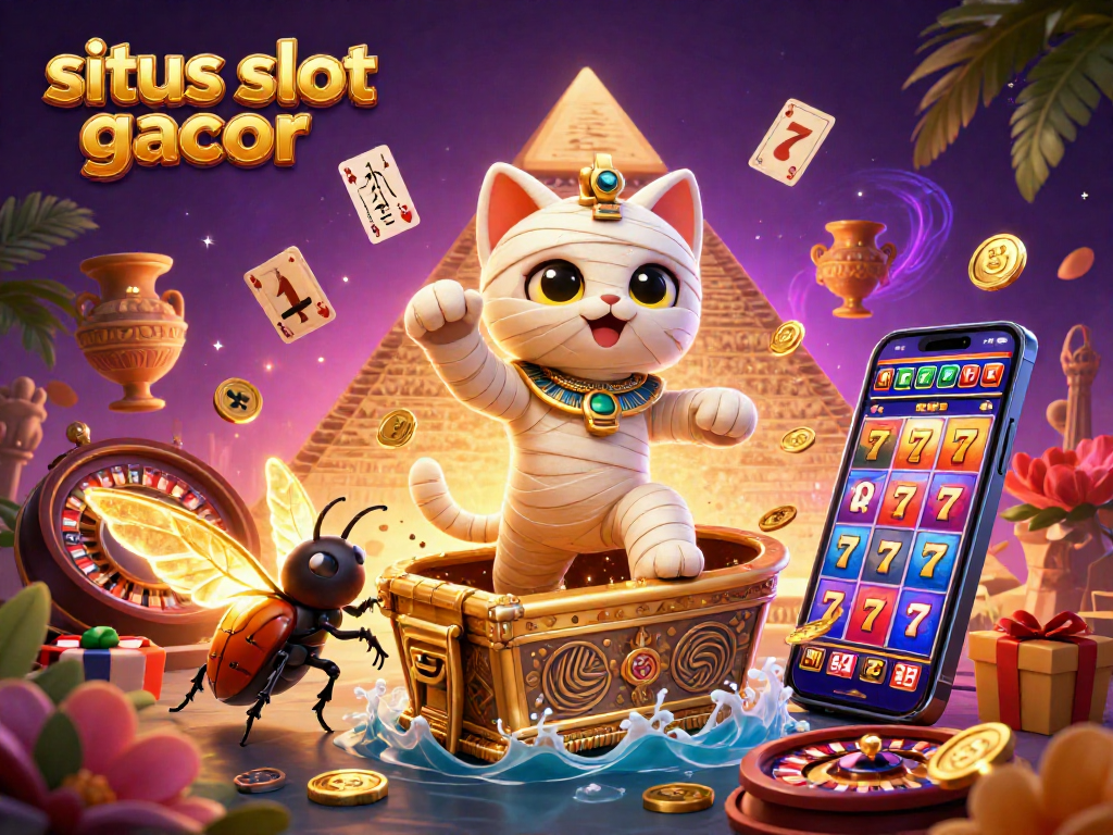 situs slot gacor showcases a dynamic scene with an Egyptian mummy cat and a scarab in a vibrant casino setting.