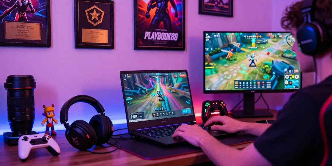 Playbook88 gaming setup with a vibrant atmosphere and gaming laptop.