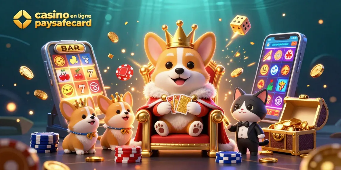 Le casino en ligne paysafecard révèle un royal corgi sur un trône de jetons entouré de magie et de jeux.