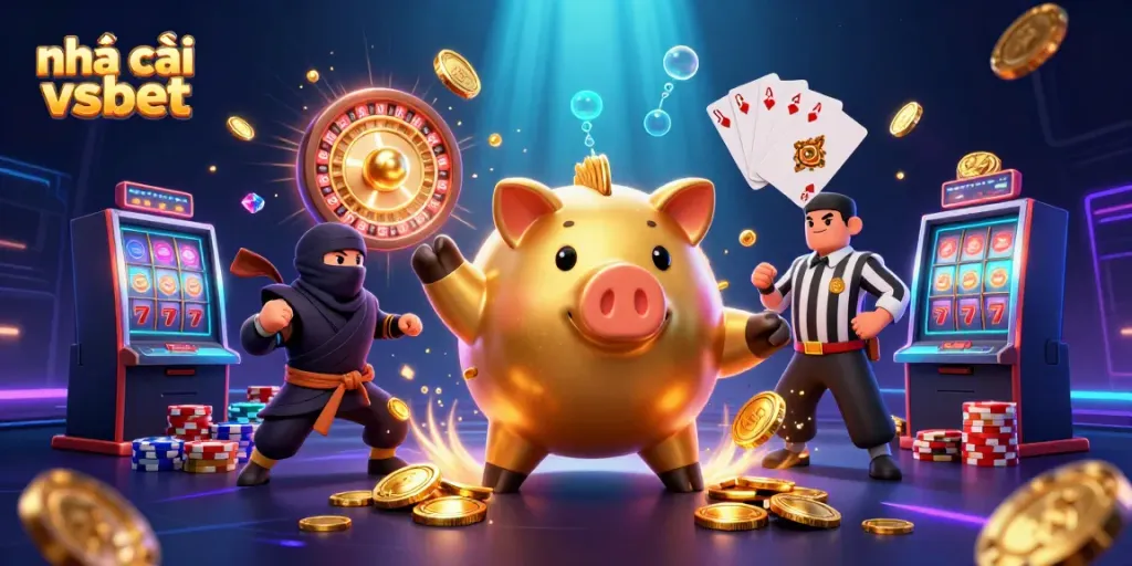 Experience thrilling gameplay at nhà cái vsbet with interactive characters, gold coins, and vibrant casino elements.