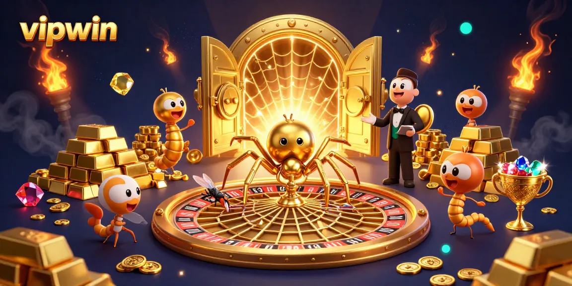 Experience the thrill of betting at vipwin with a 3D golden spider spinning a roulette wheel web.