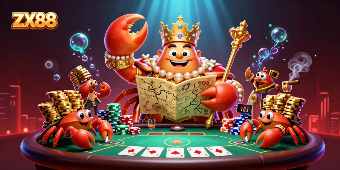 Engage in thrilling poker action with ZX88, featuring a golden crab emperor amidst vibrant casino elements.