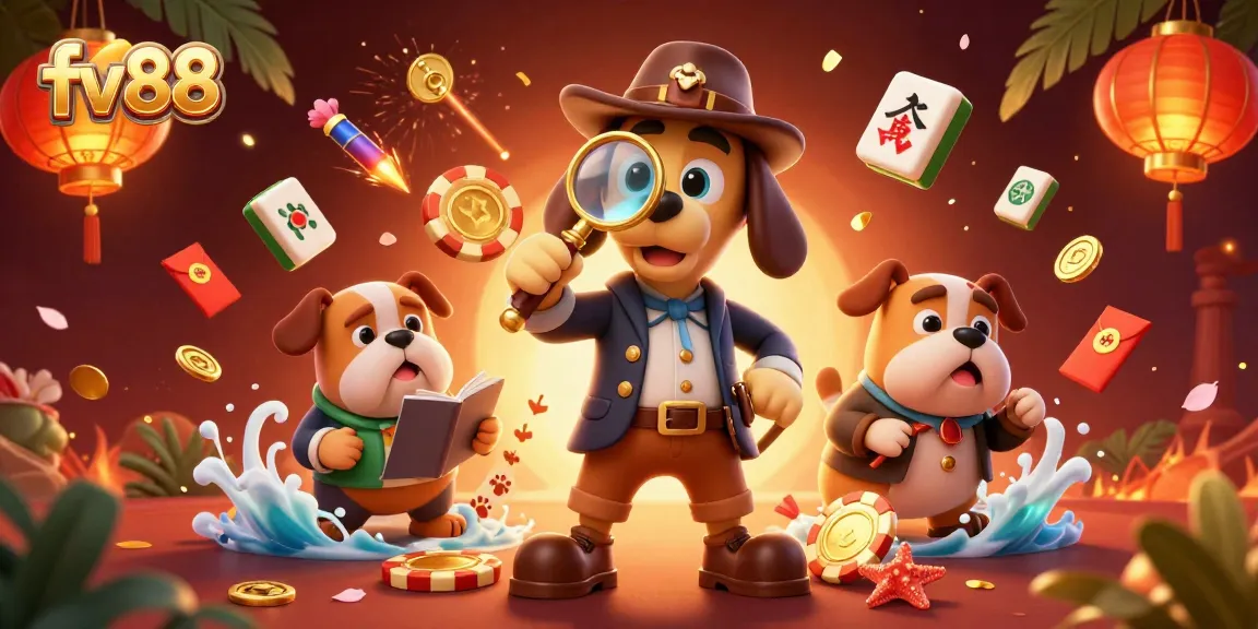 fv88 casino adventure with a detective dog examining lucky poker chips amidst festive decorations