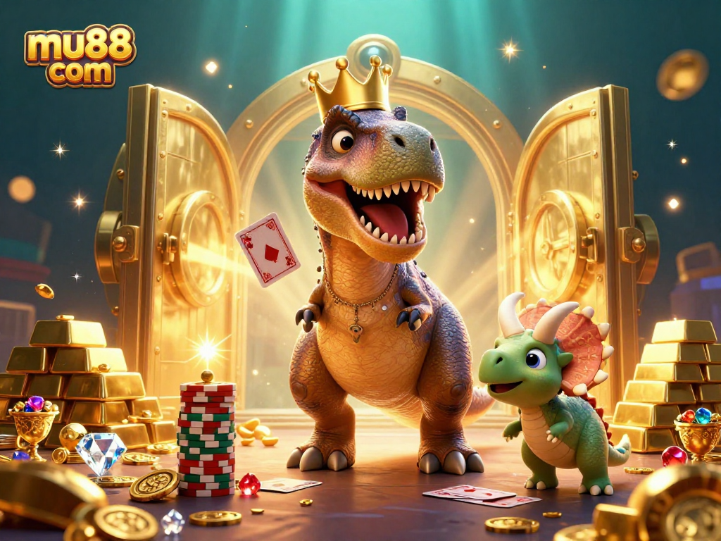Experience fun gaming with mu88 com as T-Rex plays cards with chips and treasures.