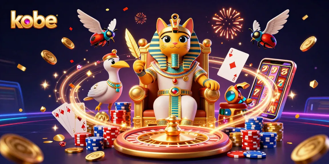Kobe-themed casino illustration featuring an Egyptian pharaoh cat and a scribe amidst golden coins and cards.