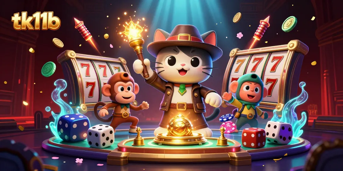tk11b showcases a vibrant 3D scene with a playful archaeologist cat amidst exciting casino elements.