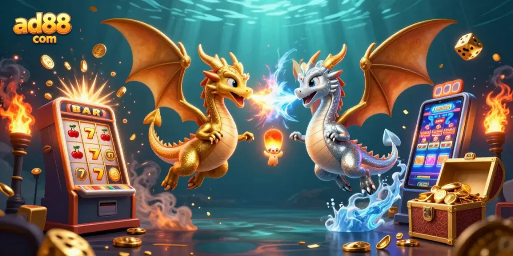 Experience the excitement of gaming at ad88 com with a thrilling jackpot illustration featuring vibrant dragons.