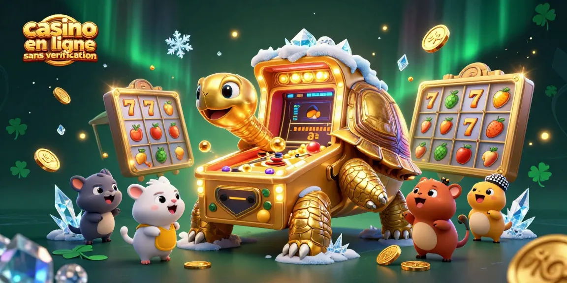 Jouer sur un casino en ligne sans vérification avec une tortue géante aux lumières joyeuses et des ballons dorés.