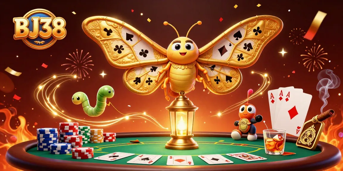 BJ38 presents a captivating gambling scene with a 3D cartoon atlas moth and a poker table bustling with excitement.