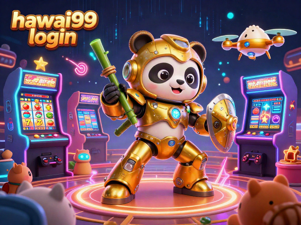 Experience the excitement of hawai99 login with a vibrant casino scene featuring a mech-suit panda amid slot machines.