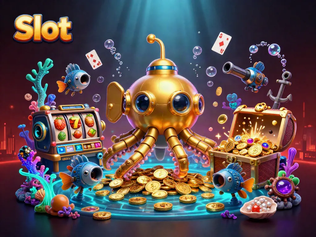 Slot menghadirkan grafik menarik dengan slot reels, simbol buah, dan kraken emas bermesin di lautan koin.