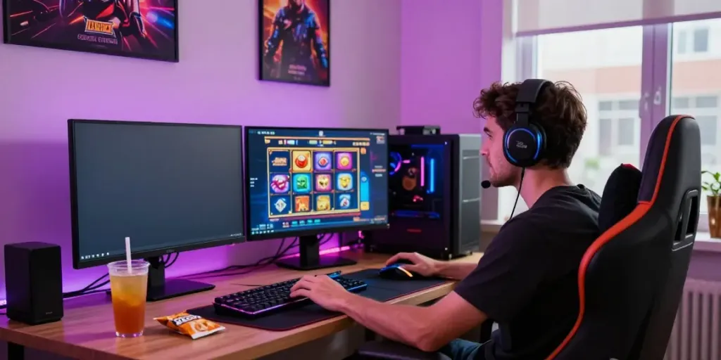 Engaged player enjoying slot online games on dual monitors with vibrant graphics.