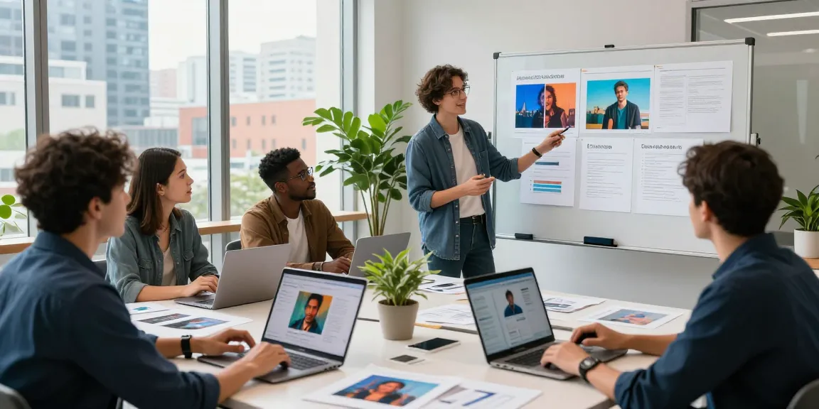 Team collaborating on AI image generator project with laptops and digital mockups in a bright, modern office.