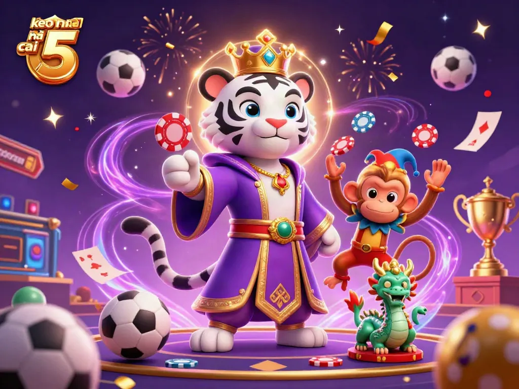 Engage in thrilling sports betting with keo nha cai 5 as dynamic sports balls, bets, and colorful characters create an exciting atmosphere.