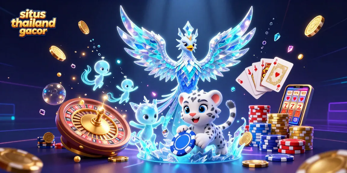Situs thailand gacor showcases a dazzling casino scene with an ice phoenix and snow leopard cub amidst dynamic gaming elements.