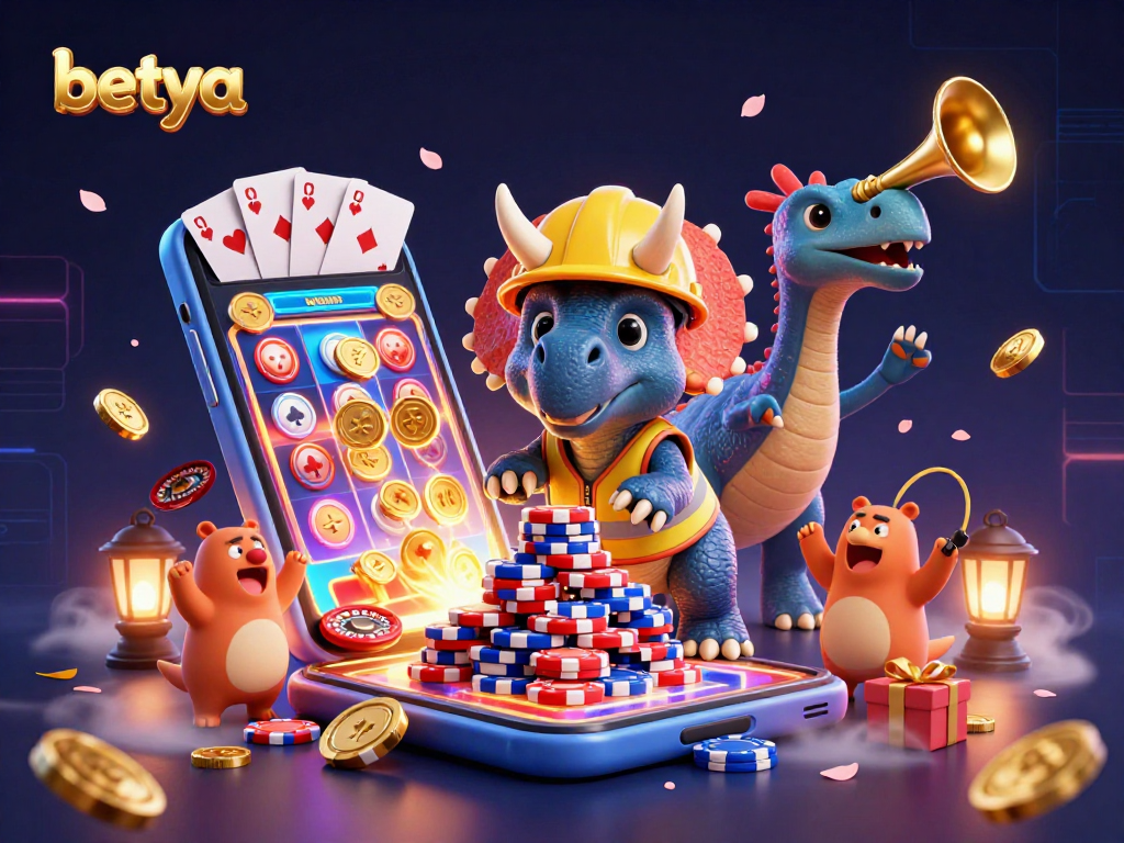 betya showcases a vibrant casino celebration with a triceratops and parasaurolophus amid lively gaming elements.