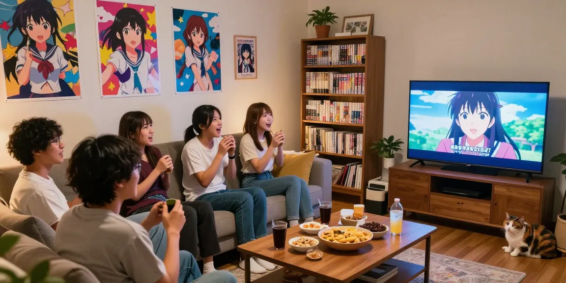 Enjoying Anime Vietsub at a cozy gathering with friends, snacks, and vibrant decor.