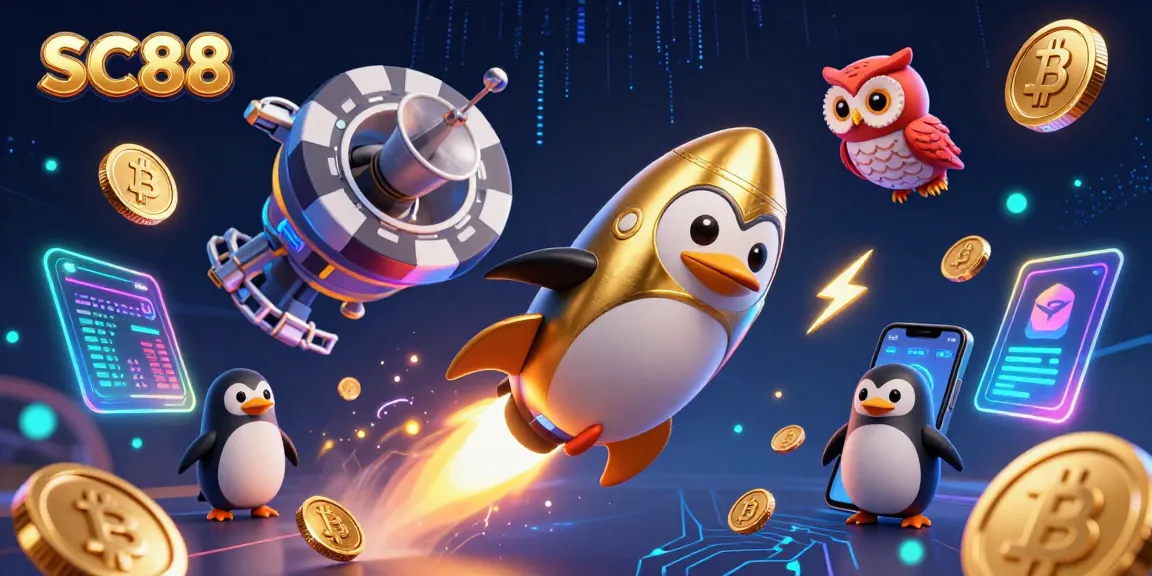 Experience SC88's golden penguin blasting through space towards the casino while collecting crypto coins.