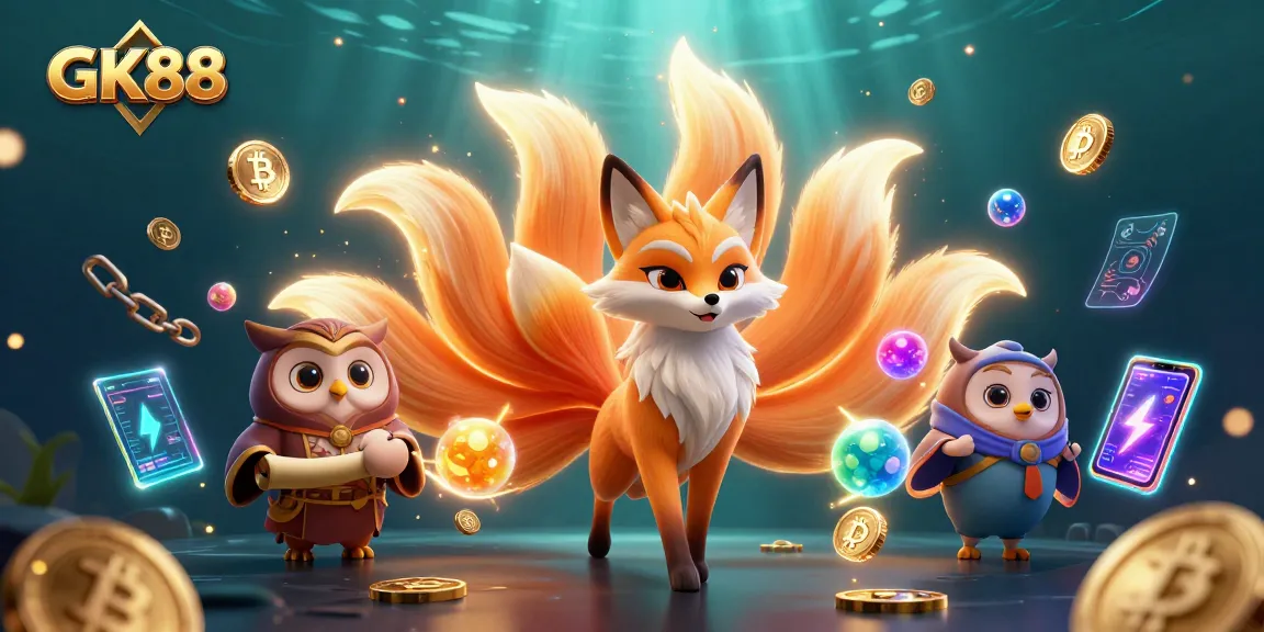 Engage in GK88 casino thrills with a vibrant scene featuring mystical characters and crypto elements.