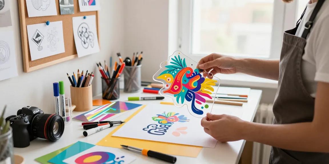 Designer creating customised acrylic stand in a bright studio, showcasing vibrant materials and crafting tools.