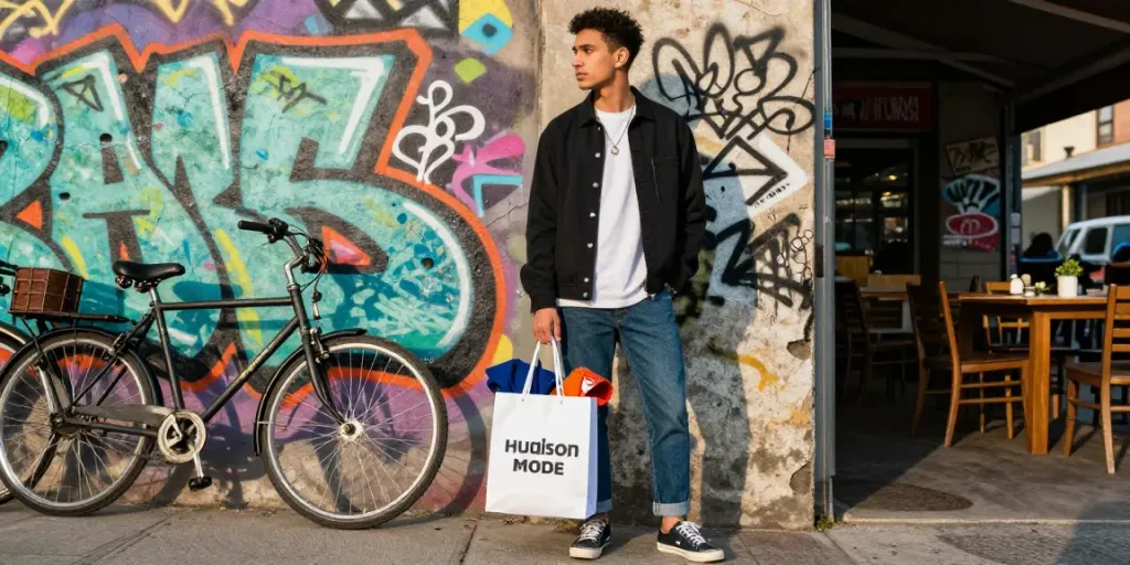 Moderne man in goedkope herenkleding poseert met winkelzakken tegen een kleurrijke graffiti muur.
