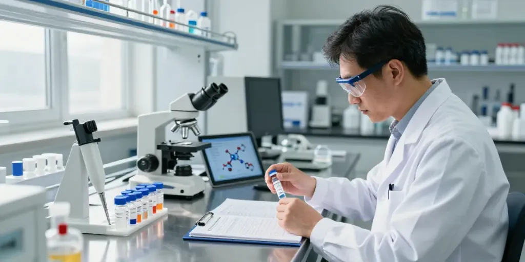 Scientist examining swiss chems retatrutide in a modern laboratory setting