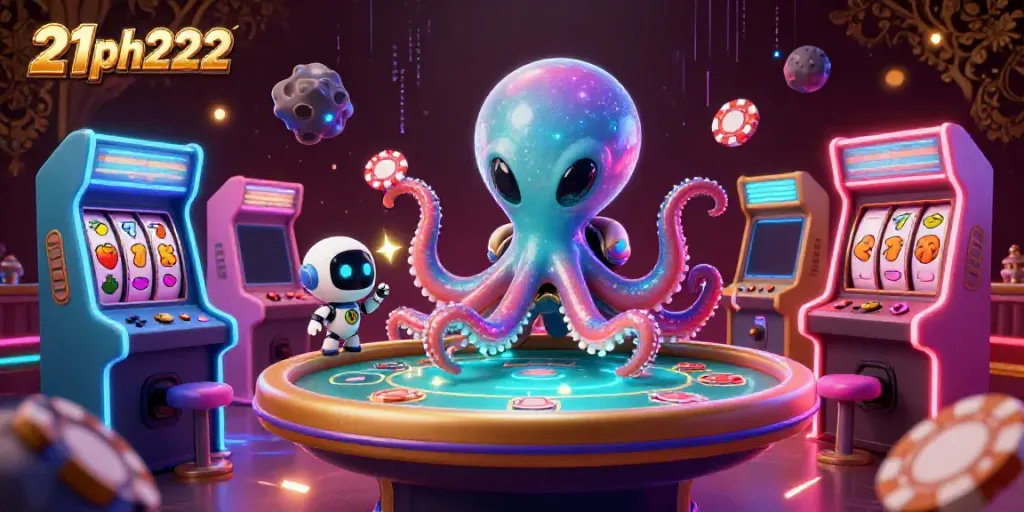 Experience the vibrant energy of 21ph222 with an alien octopus and holographic poker table in dynamic casino action.