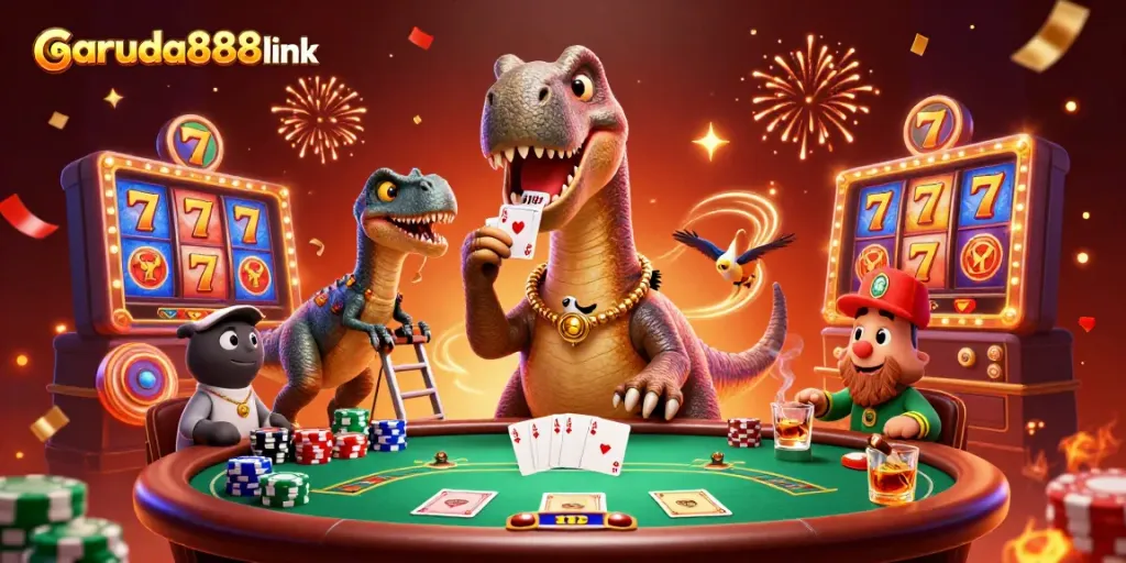 Experience thrilling gaming at garuda888link with vibrant 3D brontosaurus and raptor card dealer.