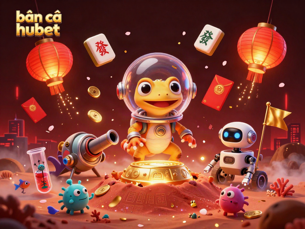 Bắn cá hubet scene with a Martian gecko discovering a vibrant undersea casino, showcasing thrilling action.