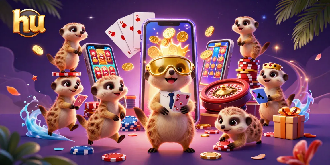 Experience hu with meerkats in a vibrant casino themed 3D illustration, showcasing dynamic gaming elements.
