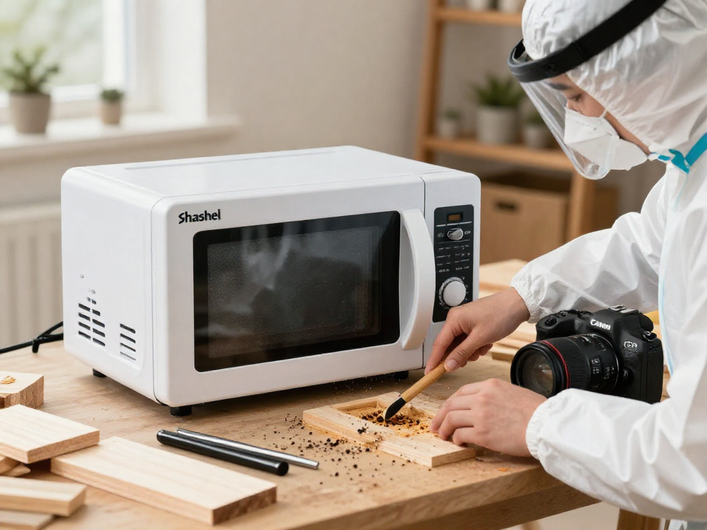 Shashel microwave equipment effectively eliminating pests in a woodwork setting.