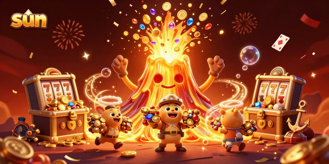 Spin to win with sun-themed gold volcano erupting coins, vibrant casino elements