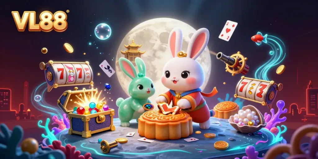 Experience thrilling gaming at VL88 with a captivating 3D casino-inspired illustration showcasing vibrant elements and characters.