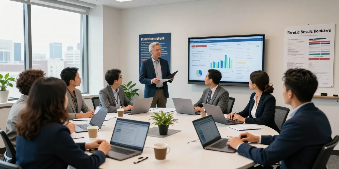 Strategists discussing political programmatic advertising in a bright office setting, showcasing data analytics and teamwork.