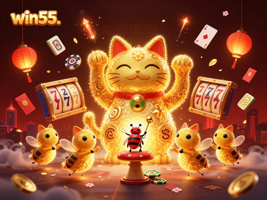 win55. Discover the vibrant energy of a golden lucky cat and casino symbols in this 3D illustration.