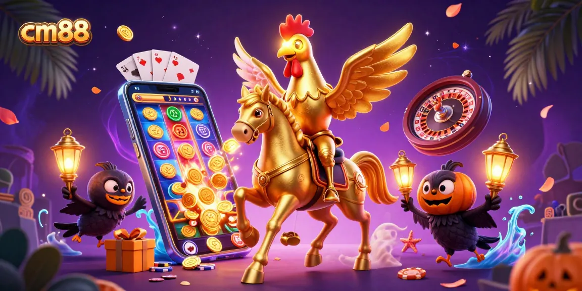 Join the excitement at cm88 with golden rooster avatars enjoying vibrant casino games.