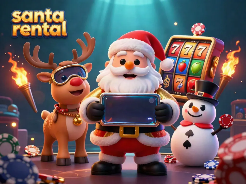 Engaging Santa rental scene featuring Santa, reindeer, and snowman in a dazzling casino setting.