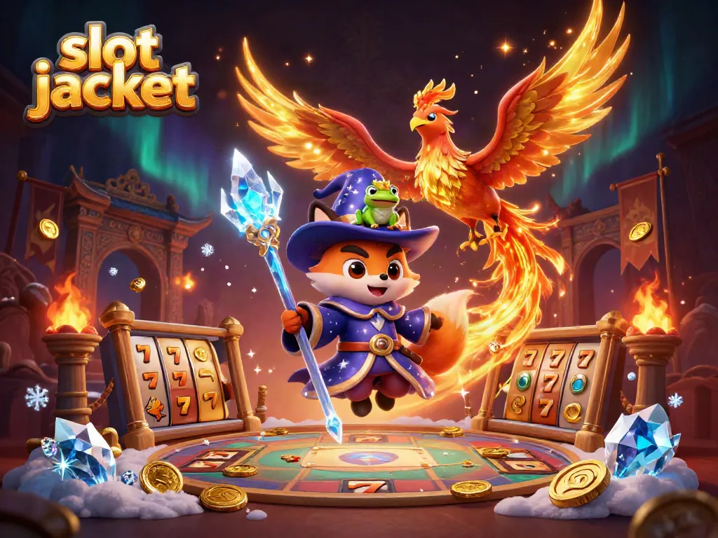 Experience the thrilling slot jackpot with a magical wizard fox, phoenix, and crowned frog in this vibrant casino scene.
