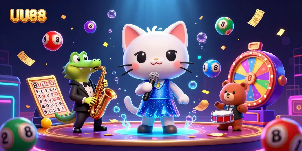 Join the lively casino scene with UU88, featuring colorful lottery balls and engaging game elements around musical characters.