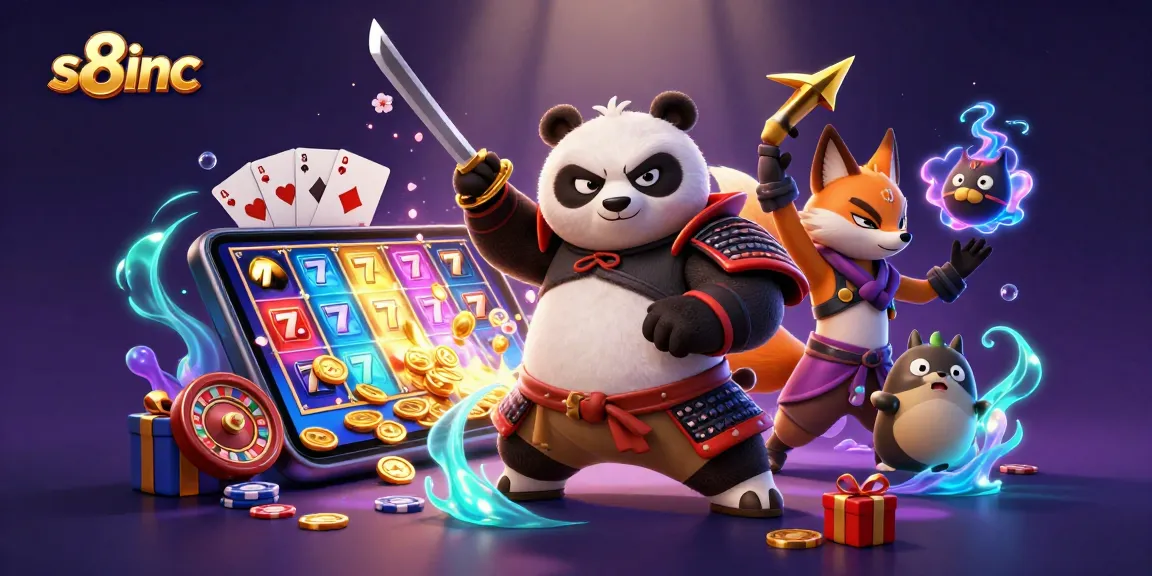 S8inc showcases a vibrant casino scene with a samurai panda, ninja fox, and magical tanuki surrounded by colorful casino elements.