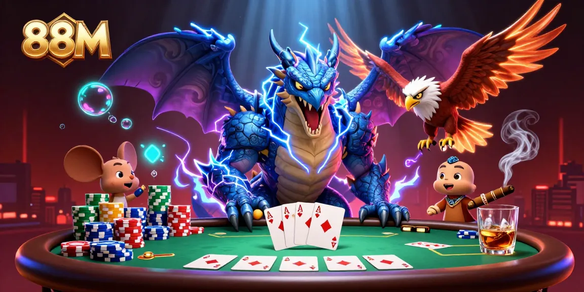 Join the thrilling action at 88M with dynamic poker gameplay featuring a thunder dragon, wind hawk, and poker elements.